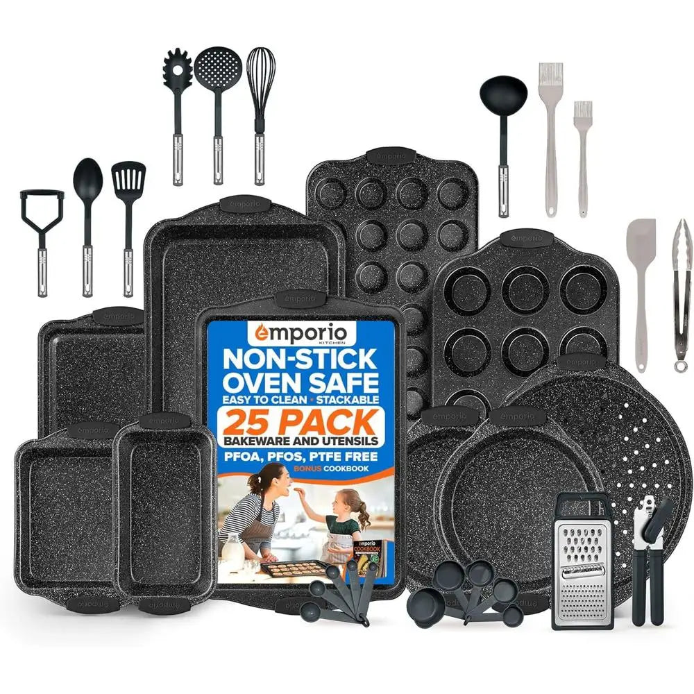 25 Piece Nonstick Carbon Steel Bakeware Set Oven Safe with Silicone Handles and Recipe Booklet Ideal for Baking Cookies and Muffins Pans