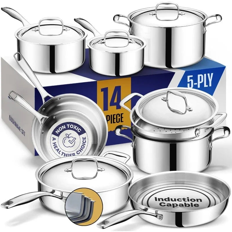5 Ply Stainless Steel Pots and Pans Set 14 Piece Induction Non Toxic Oven Safe Best 18 8 Full Clad Professional Kitchen Cooking Heavy Chef Quality