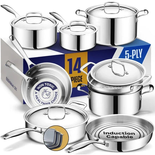 5 Ply Stainless Steel Pots and Pans Set 14 Piece Induction Non Toxic Oven Safe Best 18 8 Full Clad Professional Kitchen Cooking Heavy Chef Quality