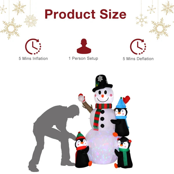 6ft Inflatable Snowman With 3 Penguins And 4 Light Strings