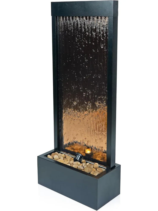 Mirror Waterfall Fountain With Stones And Lights For Zen Indoor Outdoor Decor