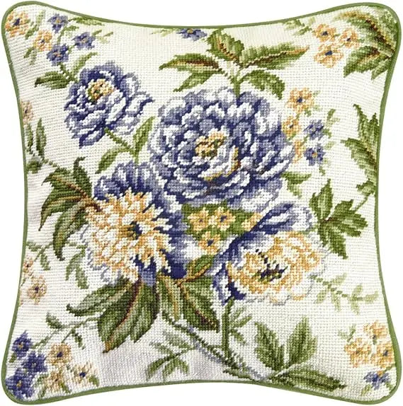C F Home Blue Brianna Needlepoint Pillow 14 Inch x 14 Inch Blue 100 Percent Cotton Microfiber Filling