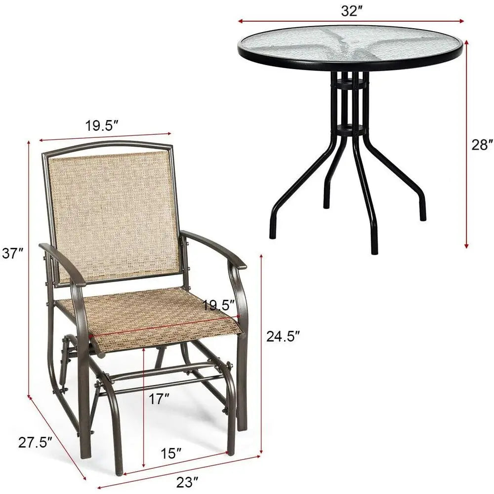3 Piece Patio Swing Set With Glass Table Umbrella Hole And Rocking Chairs