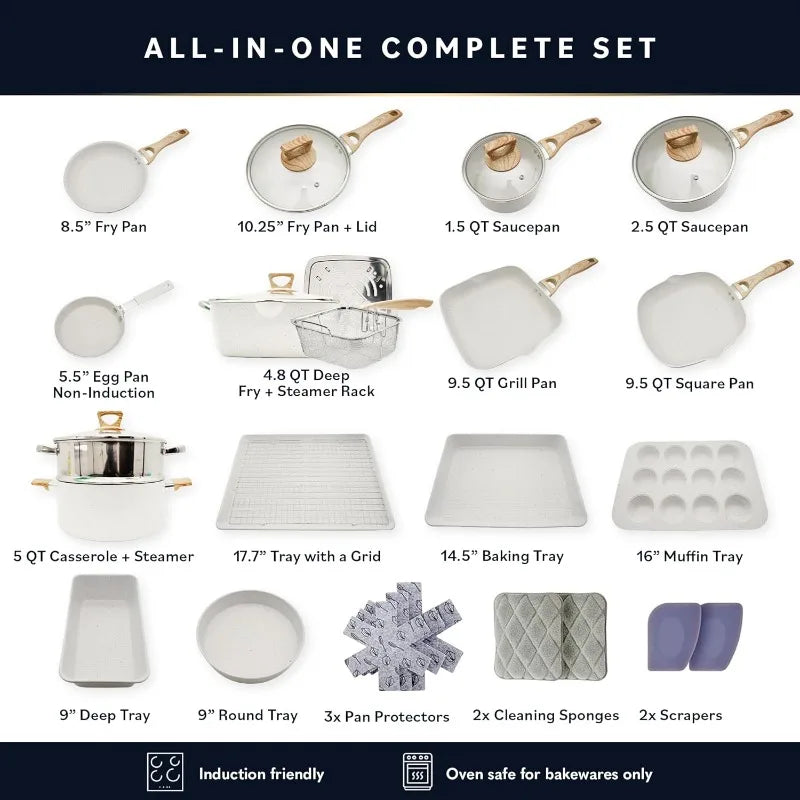 Pans Set Non Stick Induction Compatible Kitchen Cookware Sets and Bakeware Sets PFOA Free Oven Safe 23 Piece Cream