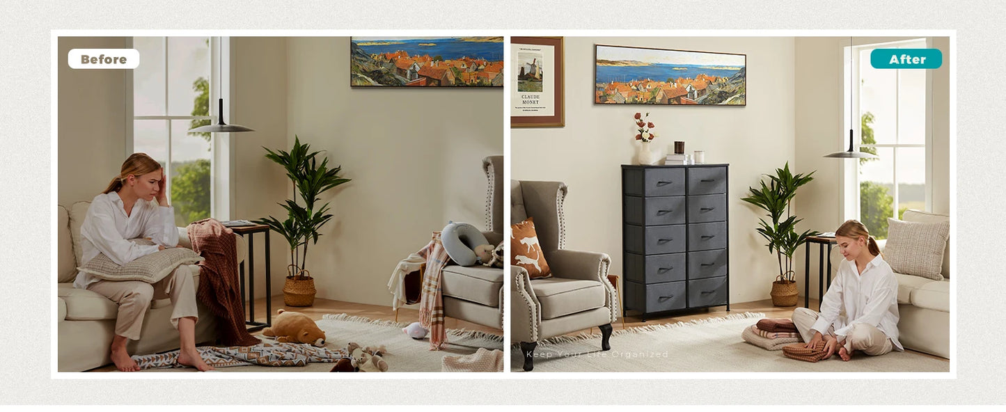 JHK Bedside Table With 10 Fabric Drawers Steel Frame