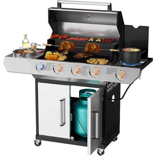 Led 4 Burner Gas Bbq Grill With Side Burner Led Knob Porcelain Enameled Cast Iron Grates 60000 Btu Stainless Steel