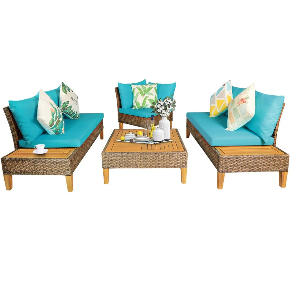 4 Piece Rattan Patio Sofa Set With Turquoise Cushions Outdoor Furniture
