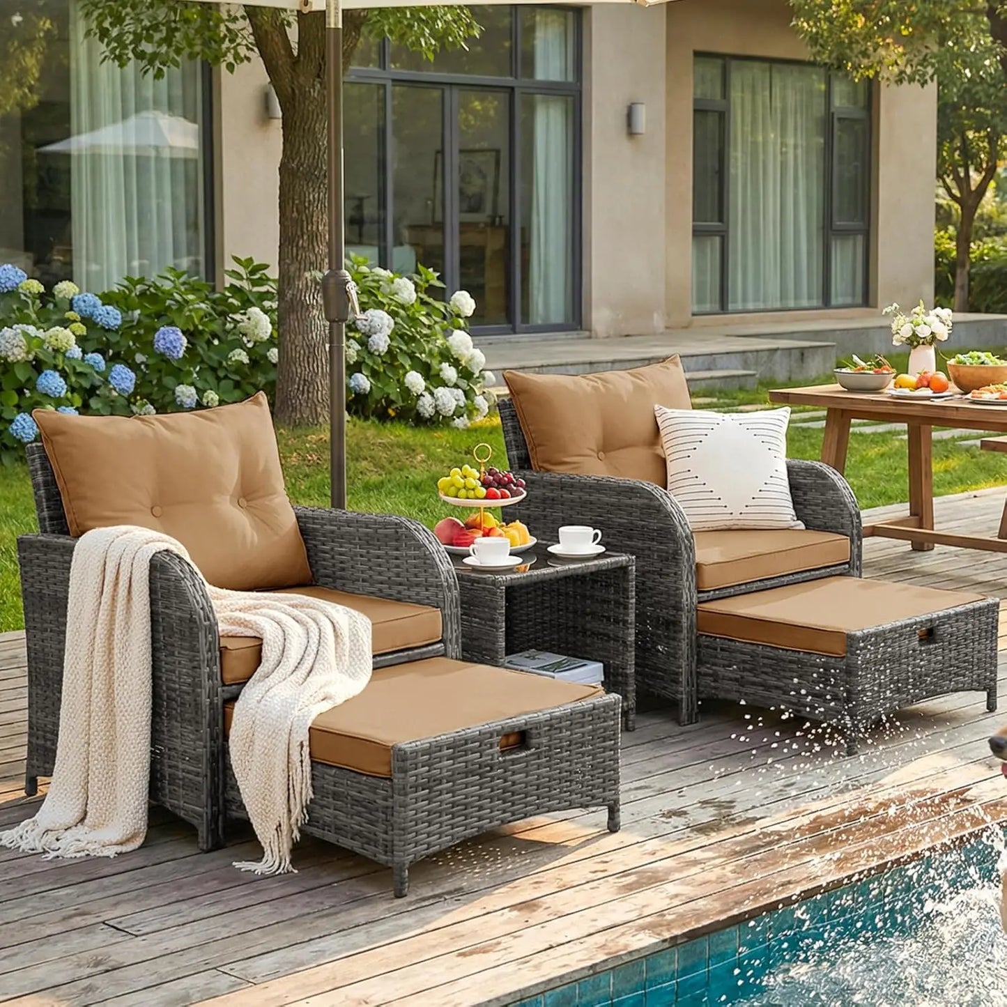 5 Piece Wicker Outdoor Patio Chairs With Ottomans All Weather PE Rattan Set