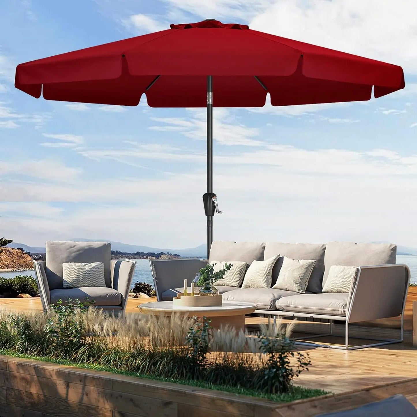 11ft Burgundy Patio Umbrella With 8 Ribs Crank Tilt For Outdoor Tables