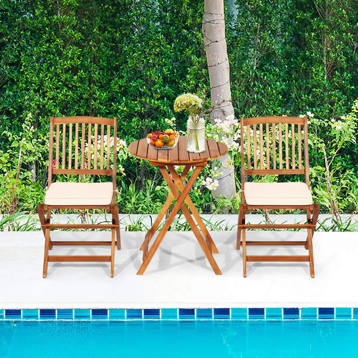 3 Piece Patio Bistro Set Acacia Wood With Folding Round Table Cushions Outdoor