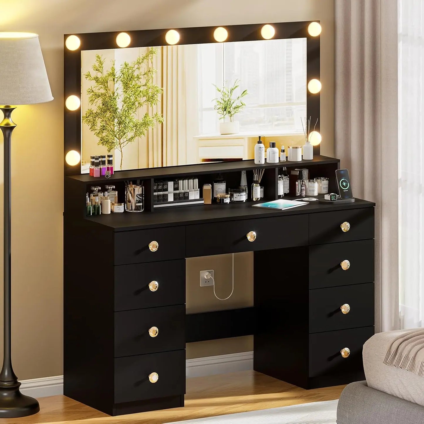 Vanity Desk With Mirror And Lights Power Outlet Black With 9 Drawers And Shelf