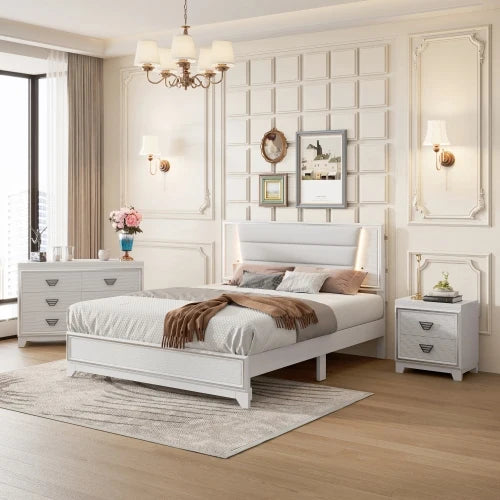 3 Piece Queen Size Upholstered Bed Set With LED Lights Nightstands And Dresser