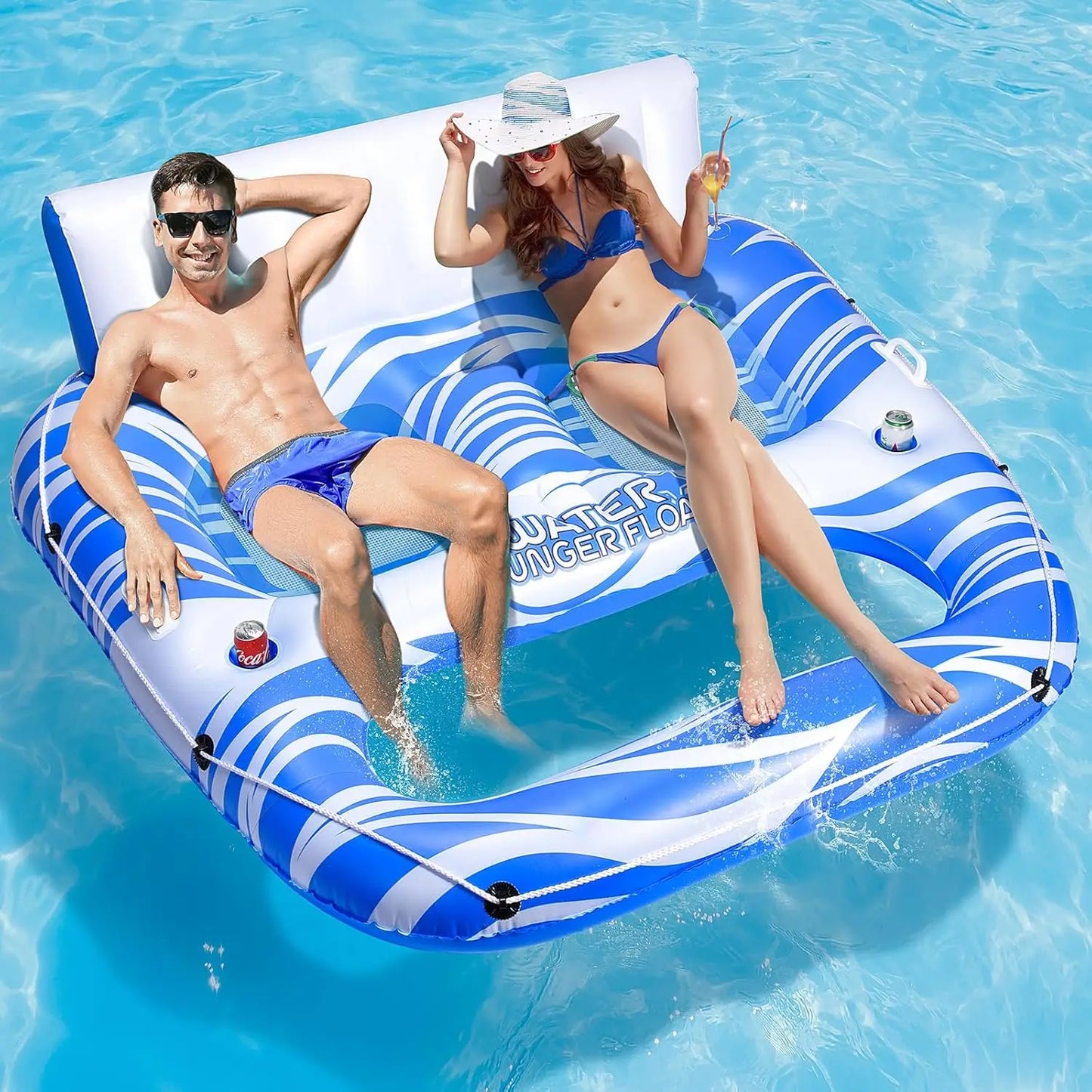 Large Inflatable Pool Lounger Cup Holders Backrest Footrest For Adults 300 Lbs