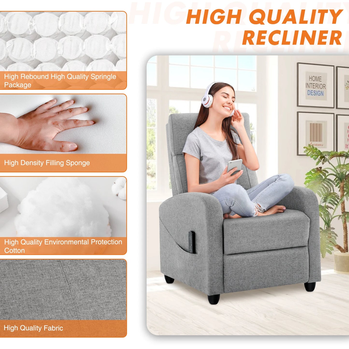 JHK Recliner Chair Massage Sofa Fabric Lumbar Support Grey