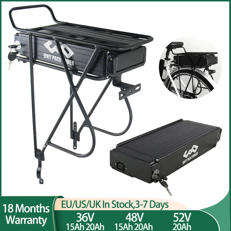 Rear Rack Battery 36V15Ah 48V15Ah 52V20Ah 24 26 28 Inches