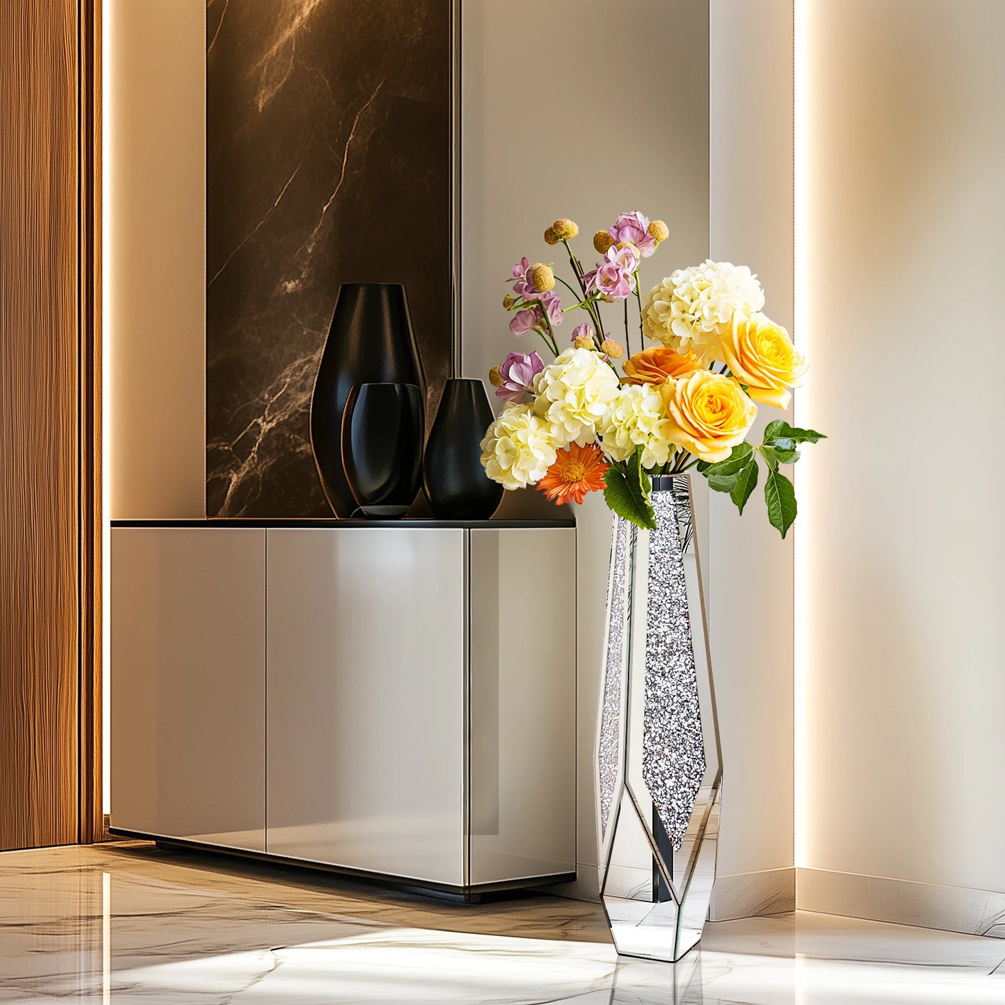 Tall Floor Mirror Vase Large Crushed Diamond Glass Vase for Home Decor Modern Crystal Centerpiece for Living Room Wedding Hotel
