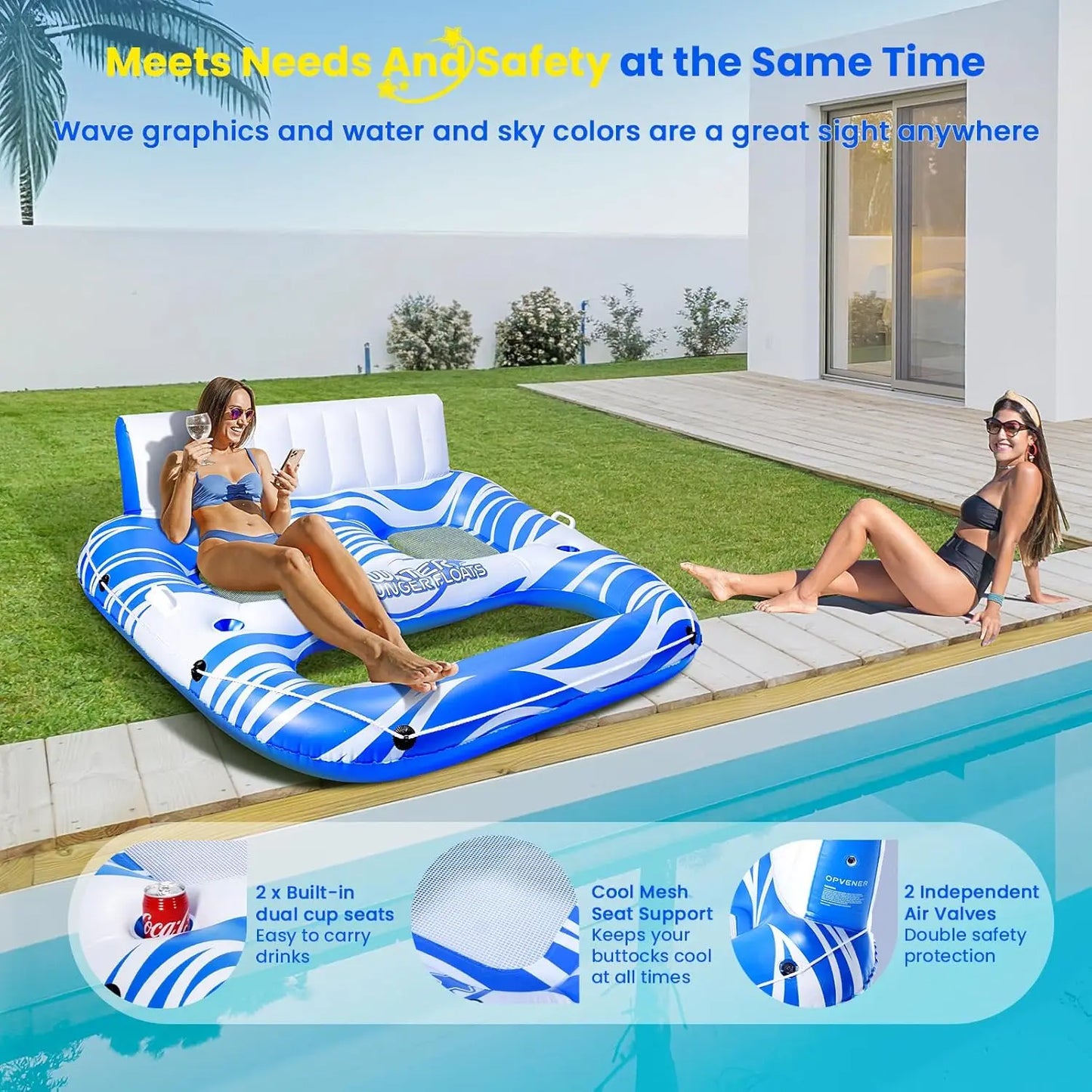 Large Inflatable Pool Lounger Cup Holders Backrest Footrest For Adults 300 Lbs
