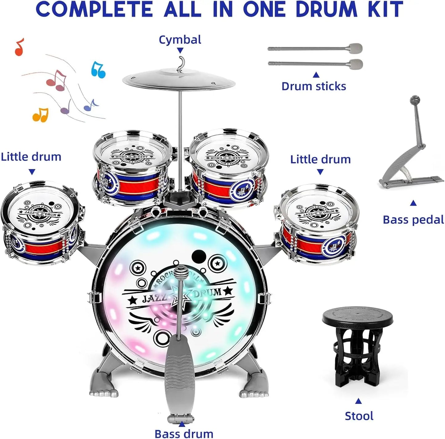 Mini Jazz Drum Set With Stool LED Light Gift For Beginners