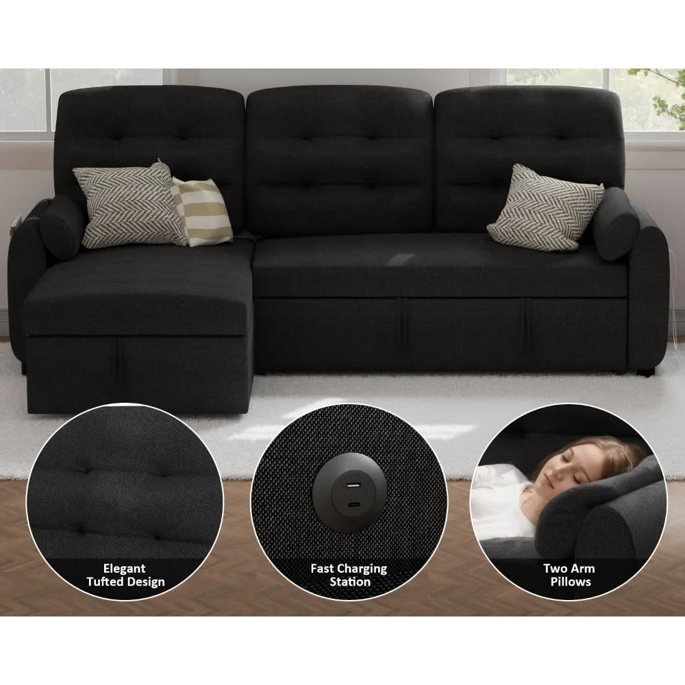 87 Inch Sleeper Sectional Sofa Bed With Storage Chaise