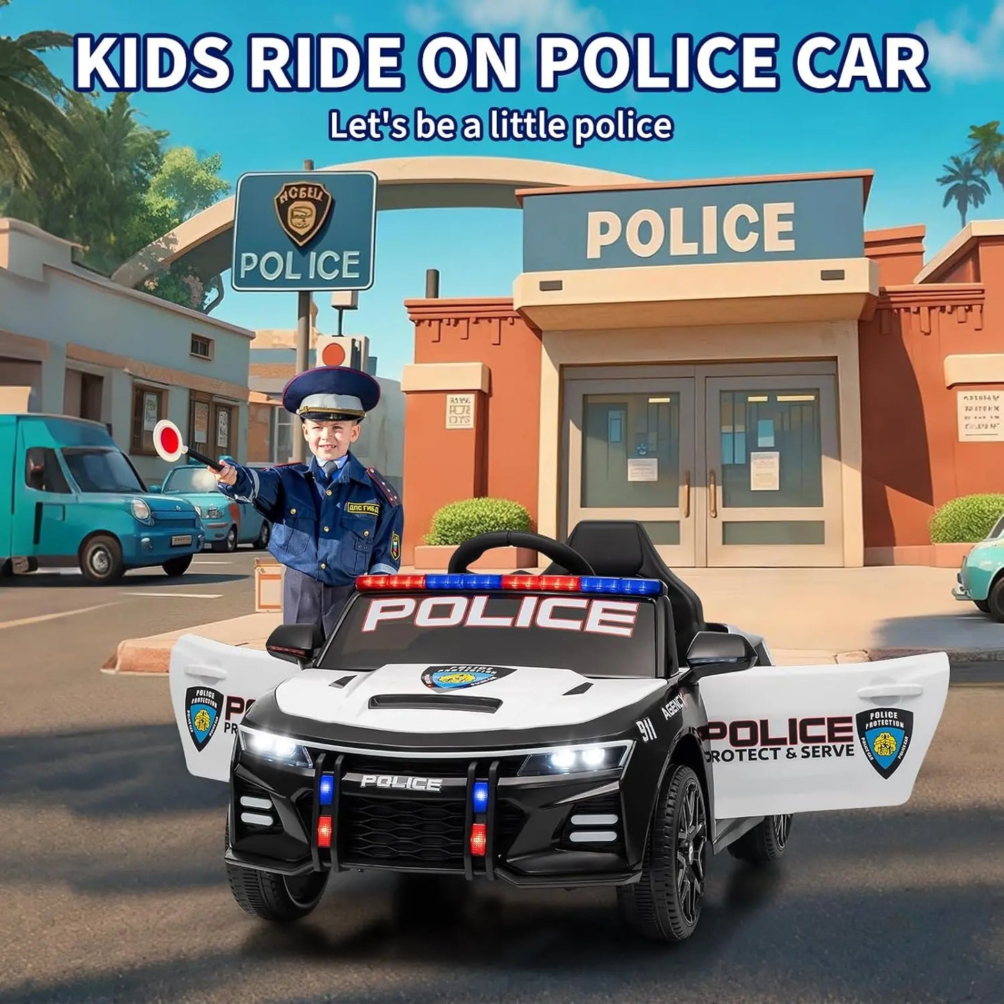 12V Police Ride On Car For Kids With Remote Control Lights Tones Music