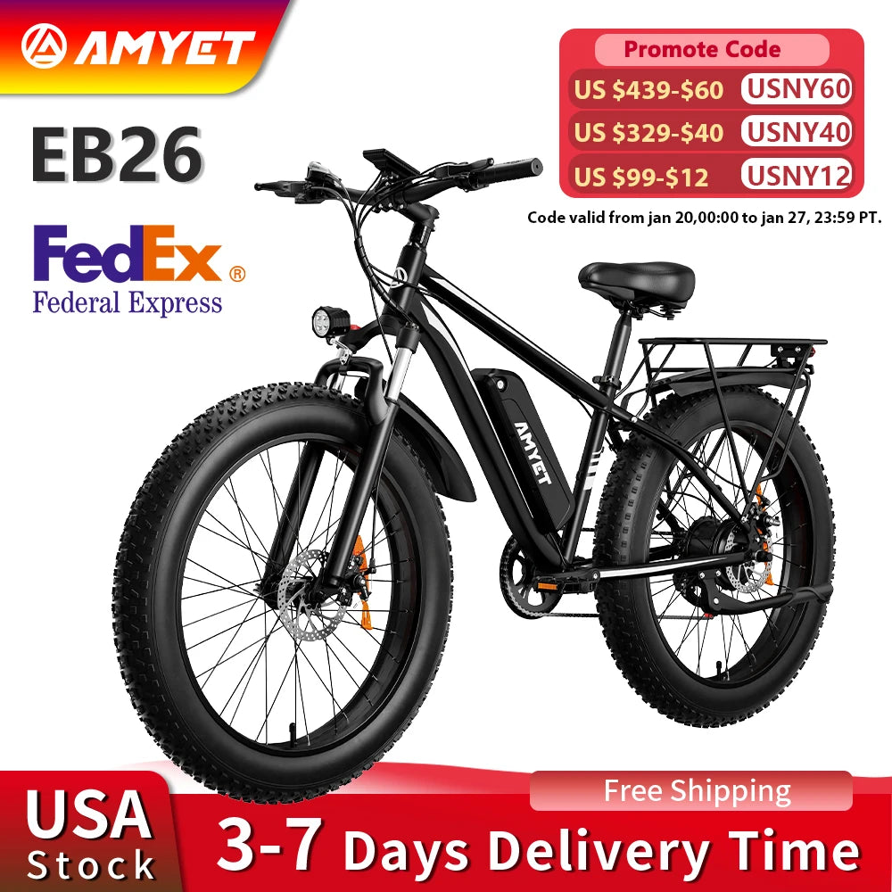 AMYET EB26 Electric Bike 1500W 48V 15Ah 26 Inch Fat Tire Mountain Bike 31 Mph