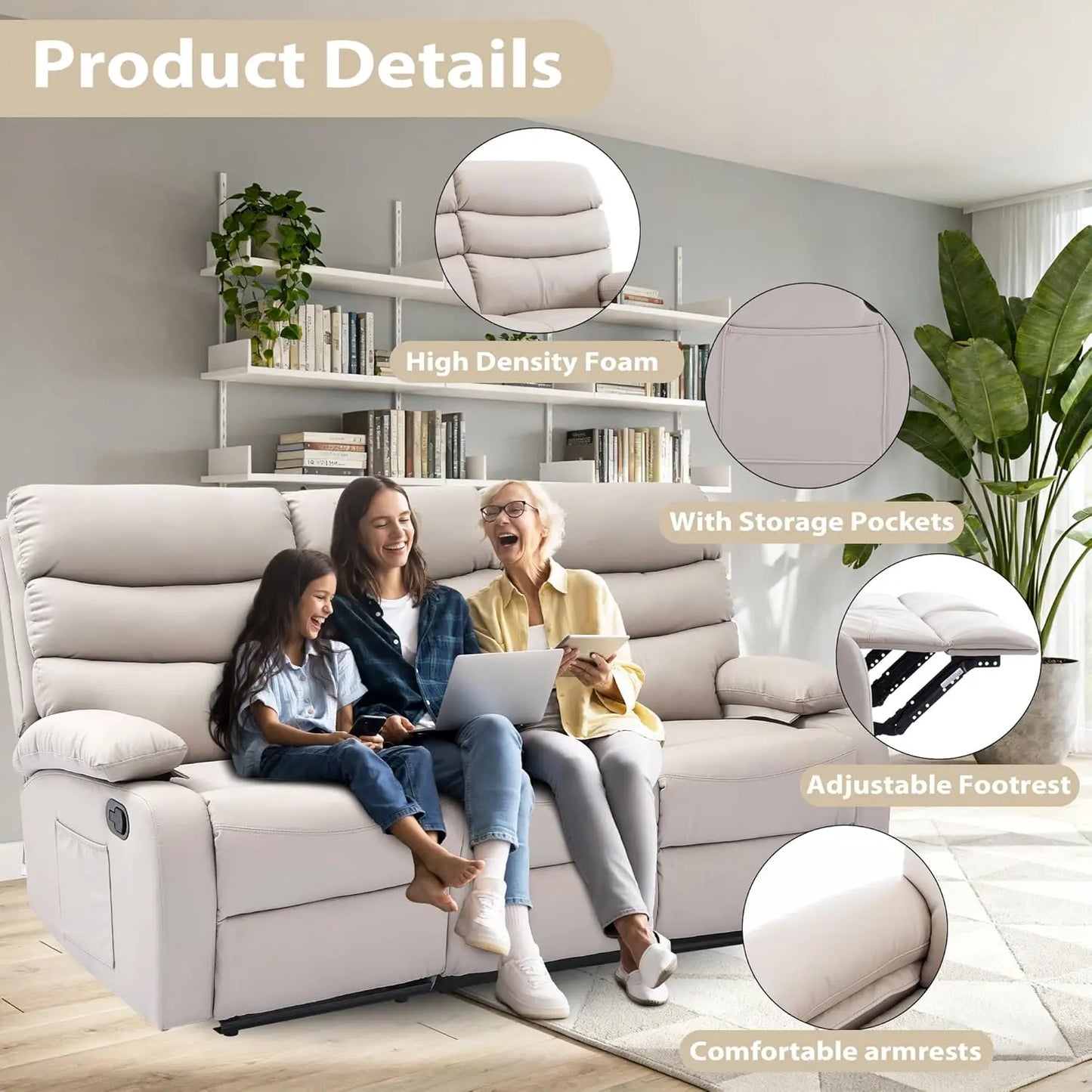 3 Seat Manual Reclining Leather Sofa With Overstuffed Arms Hidden Storage Beige