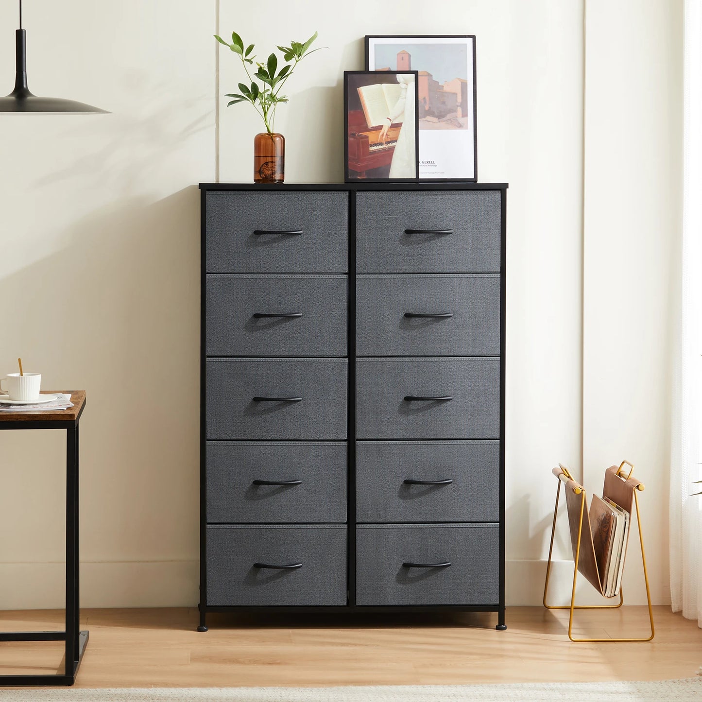 JHK Bedside Table With 10 Fabric Drawers Steel Frame