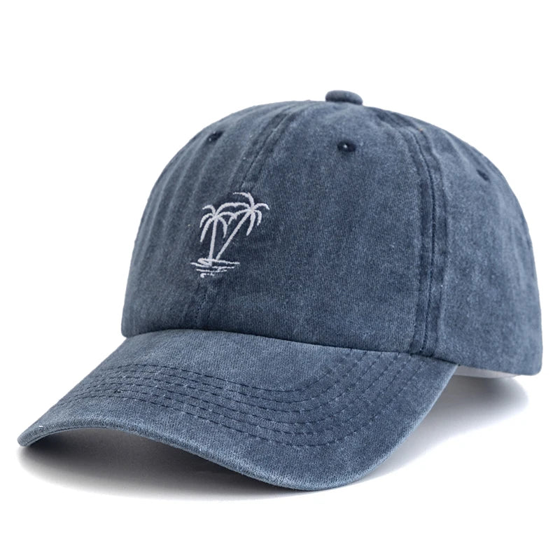 Washed Cotton Cap With Coconut Tree Embroidery Unisex Vintage Baseball Hat