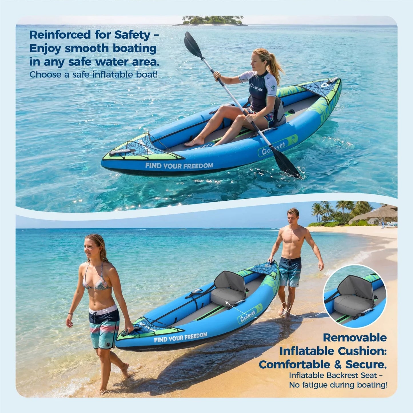 Two Person Inflatable Kayak For Fishing And Touring With Padded Seat And Fins