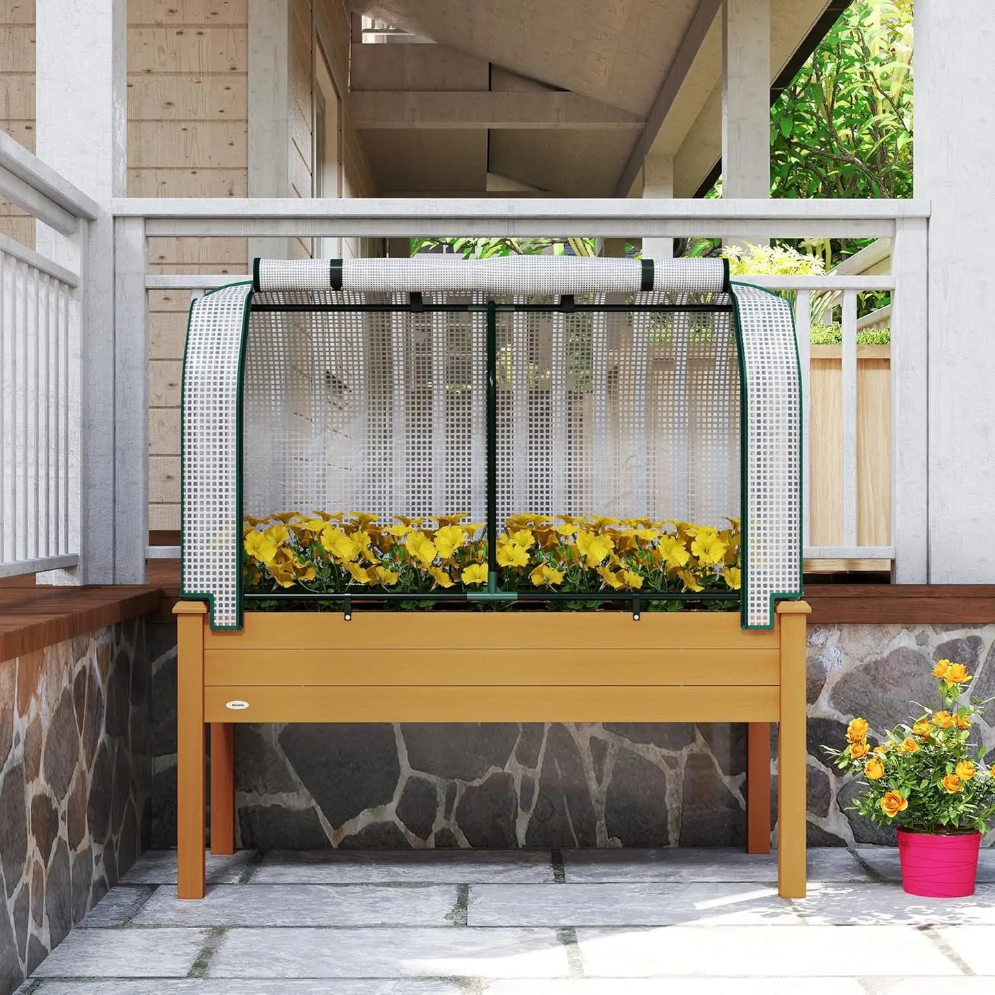 Raised Garden Bed With PE Greenhouse Cover Outdoor Elevated Planter Box