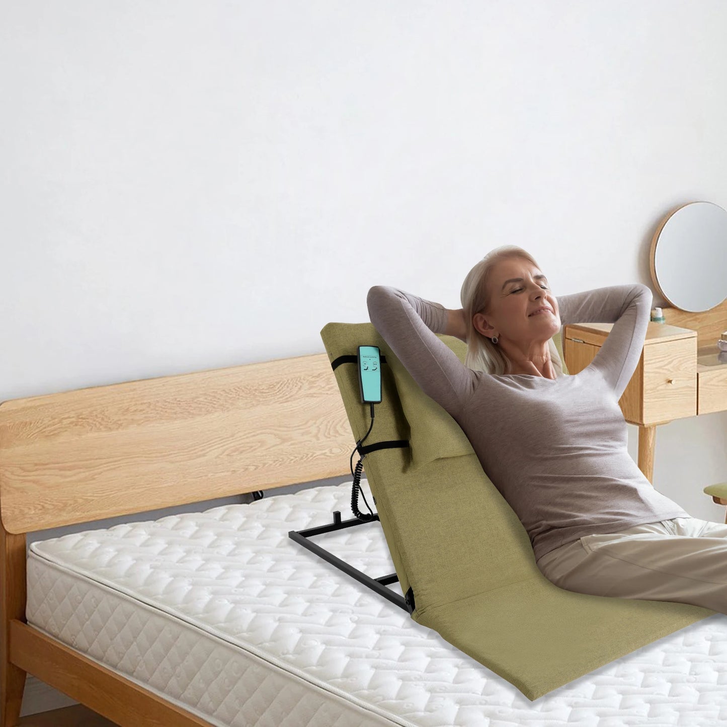 2-80 Degree Electric Lifting Backrest with Short Cushion and Headrest Grey Green Wired Remote Control Bed Backrest for Reading