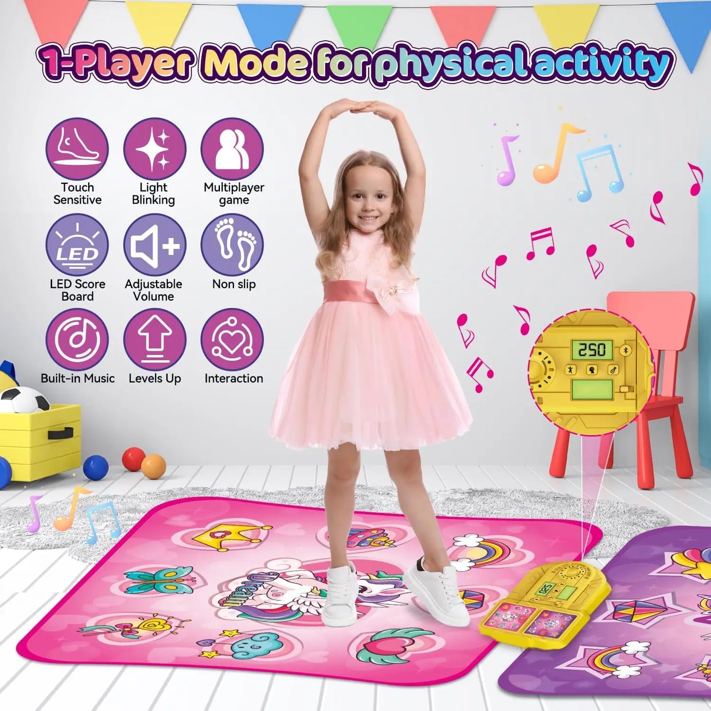 Vatos Unicorn Dance Mat Set of Two Toys for Girls Nine Level Dancing Game Indoor Outdoor Music Play Mat Birthday Gifts for Kids Ages Three and Up