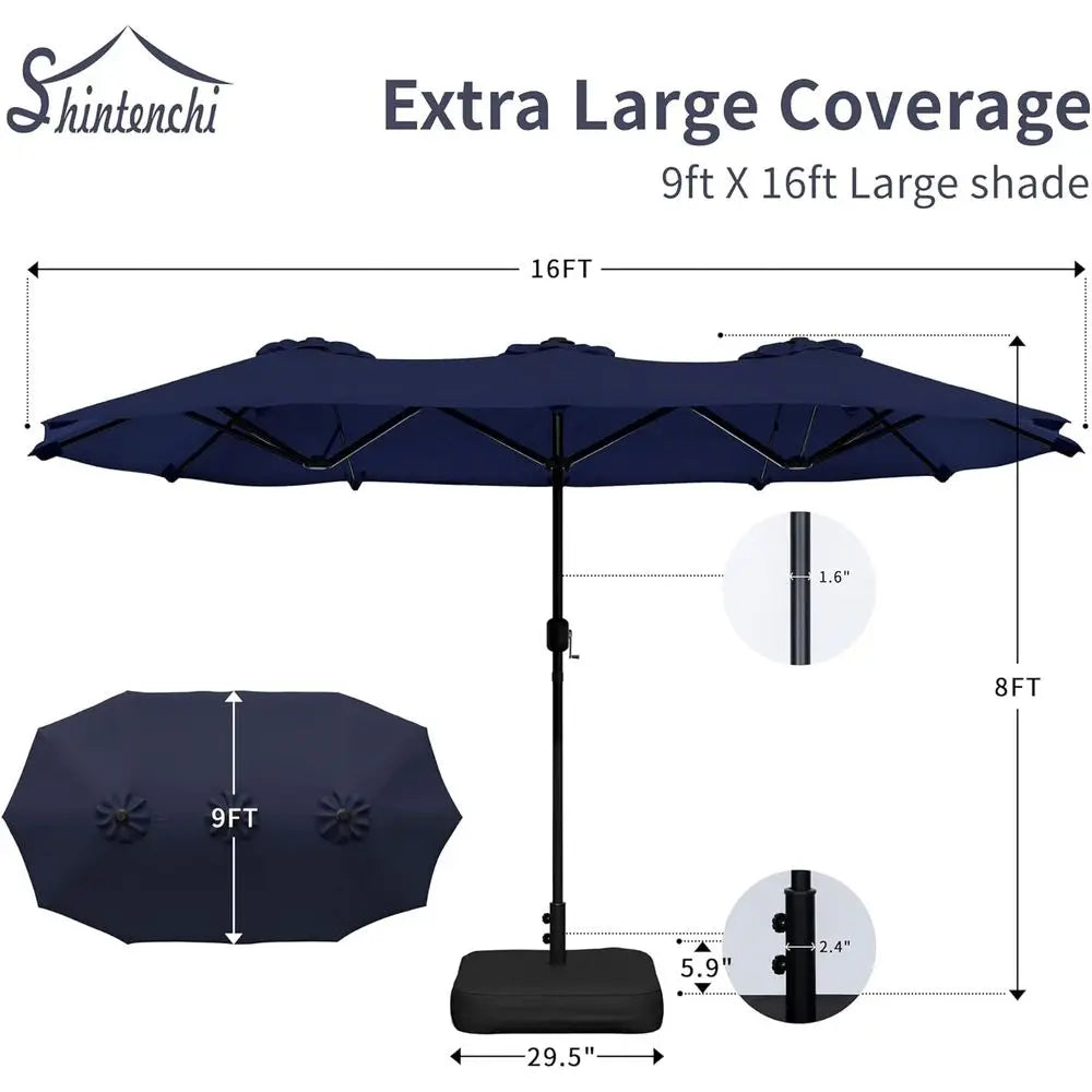 16Ft Rectangular Outdoor Patio Umbrella With Crank Double Sided Dark Blue