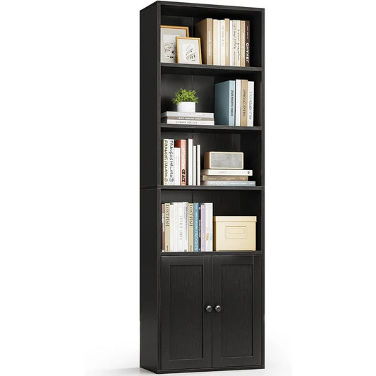 Casaottima Black 6 Tier Bookcase With Doors Floor Standing Home Office