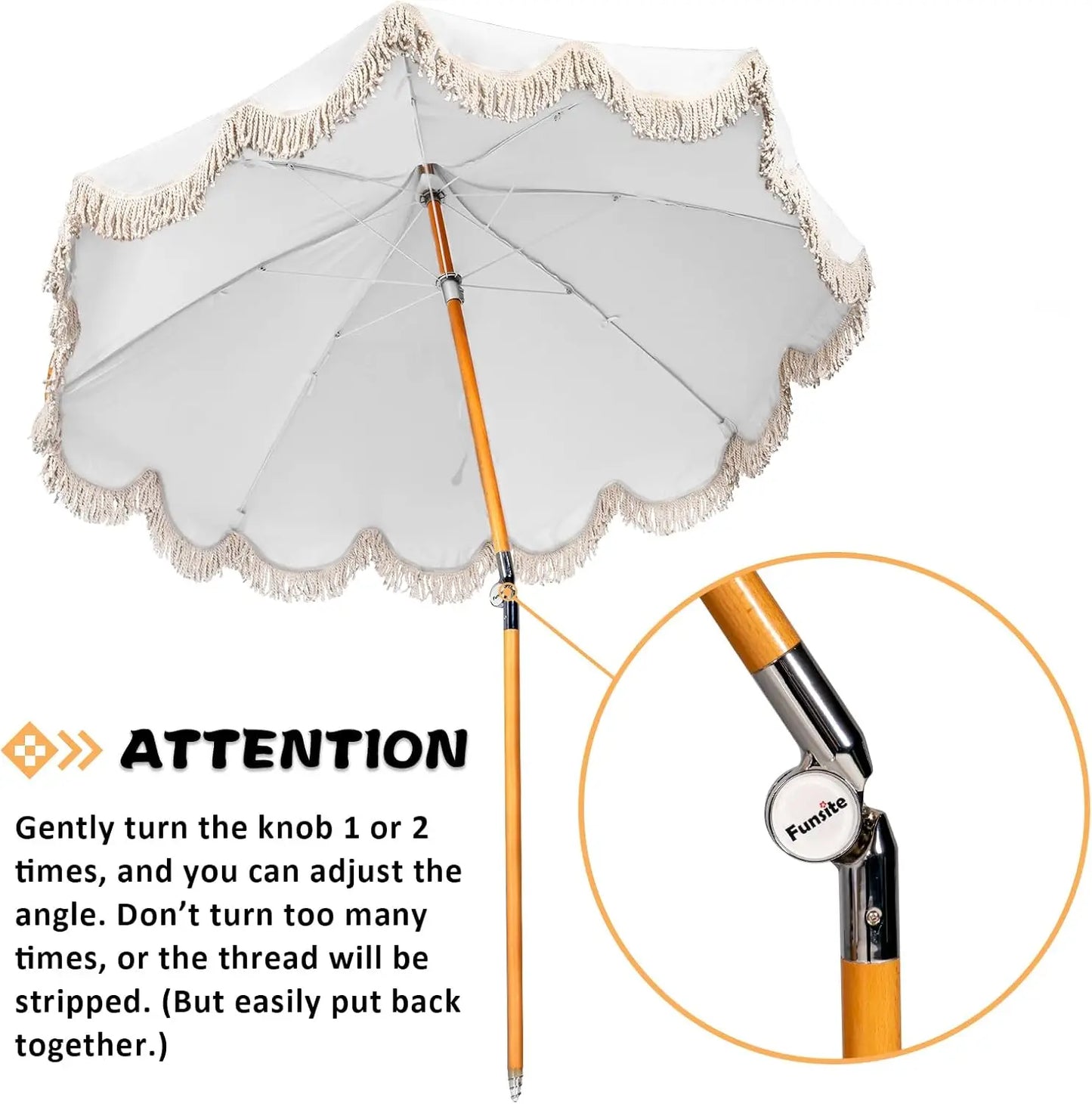 6.5ft Boho Beach Umbrella With Fringe UPF 50 Foldable Wood Pole Carry Bag