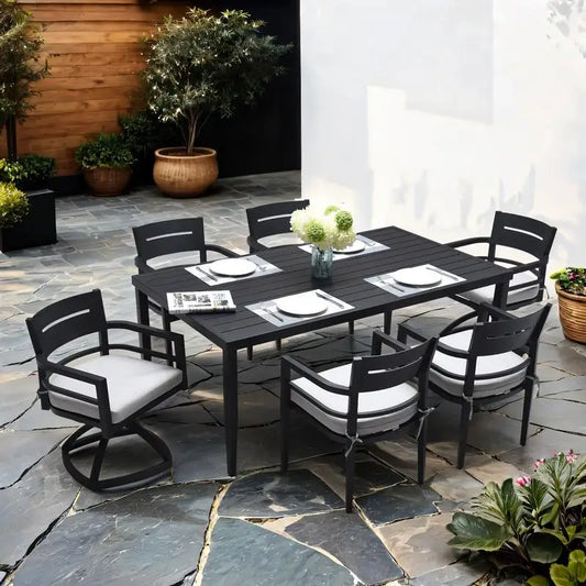 7 Piece Outdoor Patio Aluminum Dining Set With 4 Chairs 2 Rockers Sunbrella