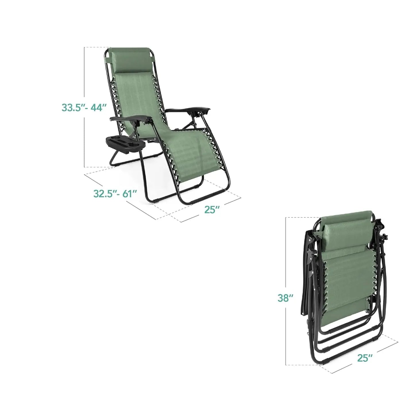 Set Of 2 Adjustable Zero Gravity Lounge Chairs Sage Green