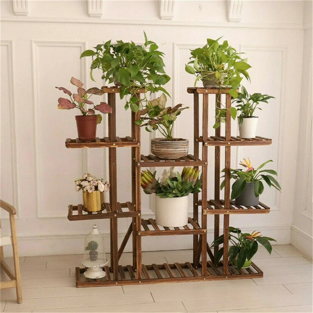 UNHO 46 Inch Multi Tier Wood Plant Stand 9 Tier 16 Pot Flower Rack Indoor Outdoor for Patio Garden