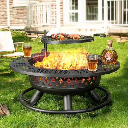 36 Inch Round Fire Pit Grill And Lid Wood Burning 3 In 1