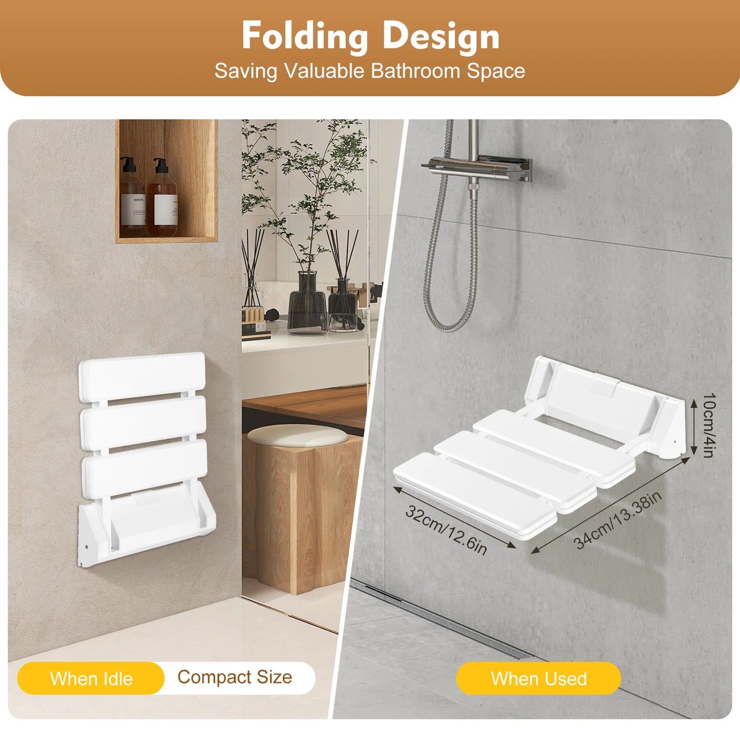 Wall Mounted Folding Shower Seat Non Slip White Stool