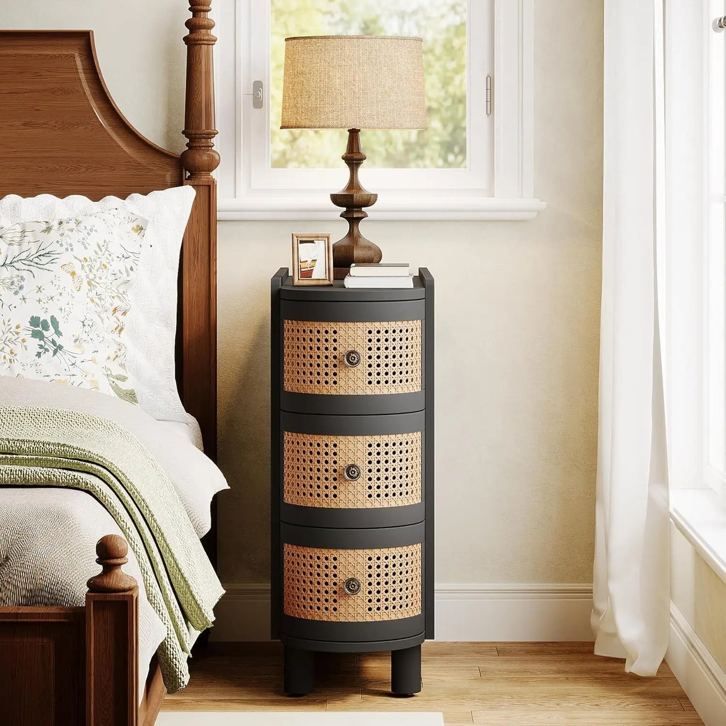 Solid Wood End Table Nightstand Vintage Embossed Handles