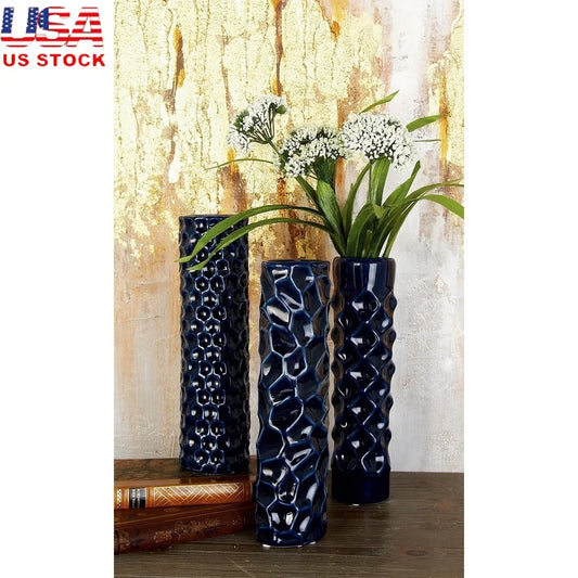 Set of 3 Dark Blue Ceramic Vases Tall Round Cylinder Design Geometric Pattern Stoneware Home Decor Accent Pieces