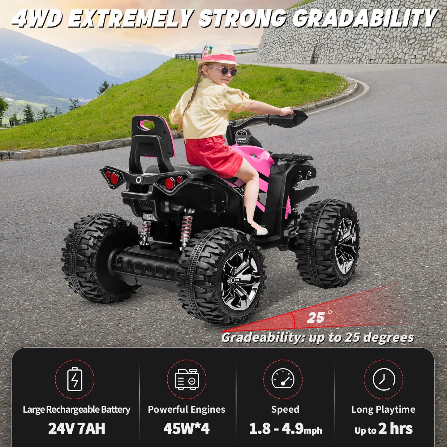 4x4 24V Kids Ride On ATV with Remote 2 Seater Powerful 4 Wheeler Quad Electric Car 800W Motor Ride On Toys with High Low Speed