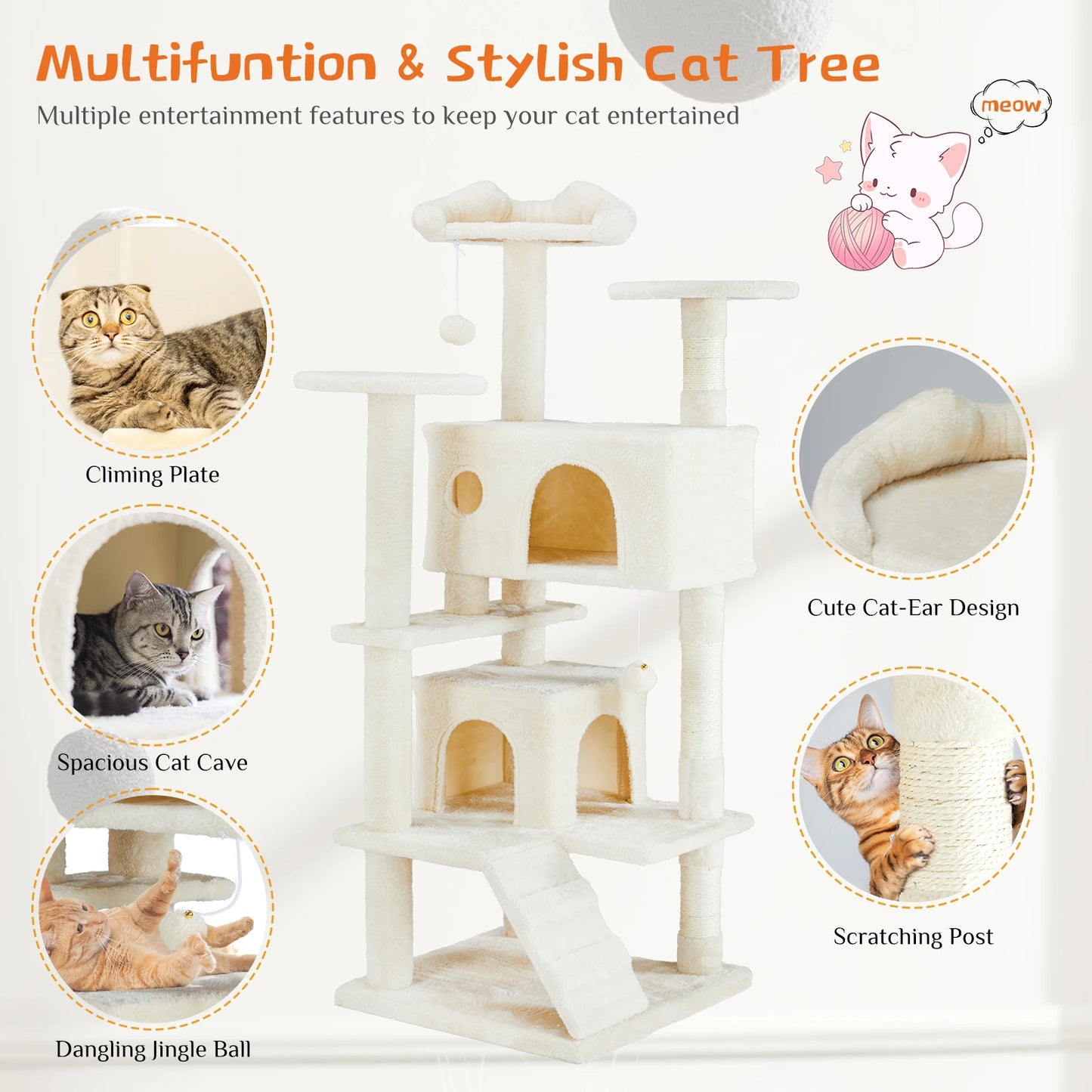 JHK 54 Inch Tall Multi Level Cat Tree Tower Indoor Pet Furniture Stable Kitty Play House with Sisal Scratching Post