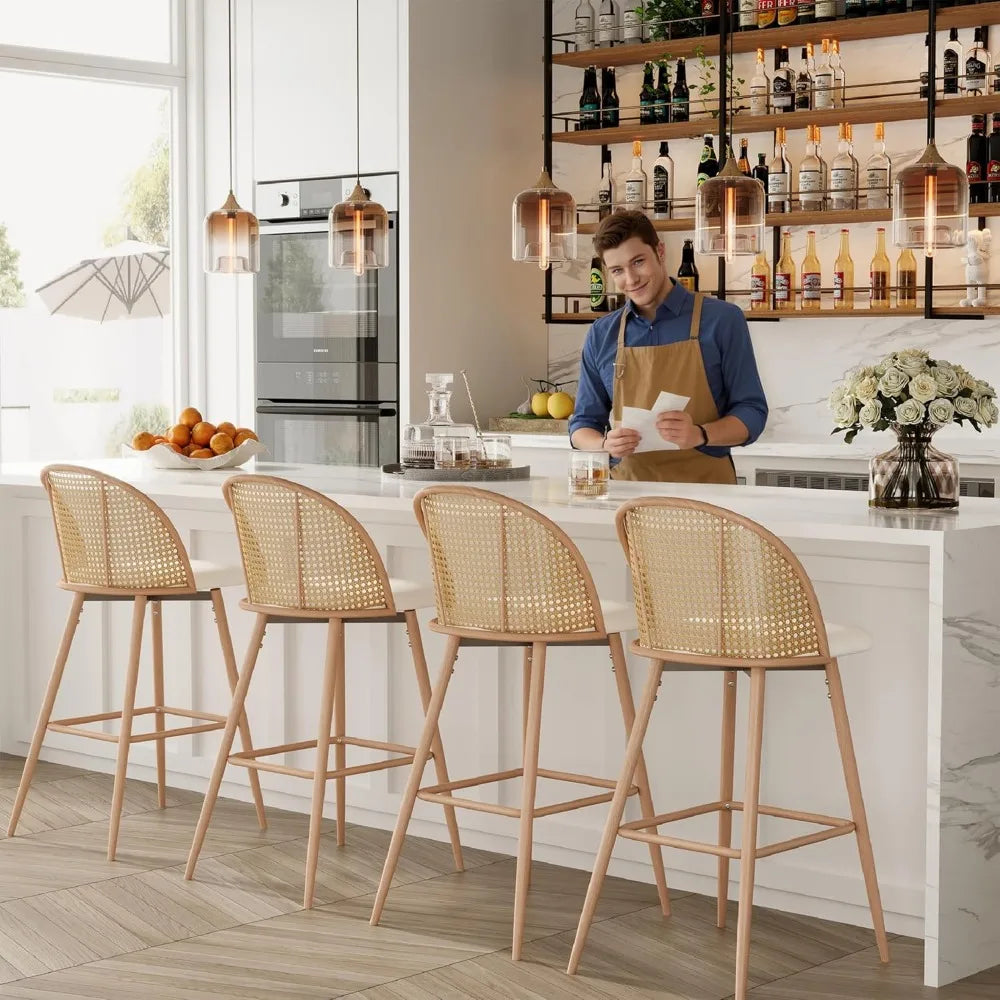 Set of 4 Rattan Swivel Bar Stools 29 White Faux Leather
