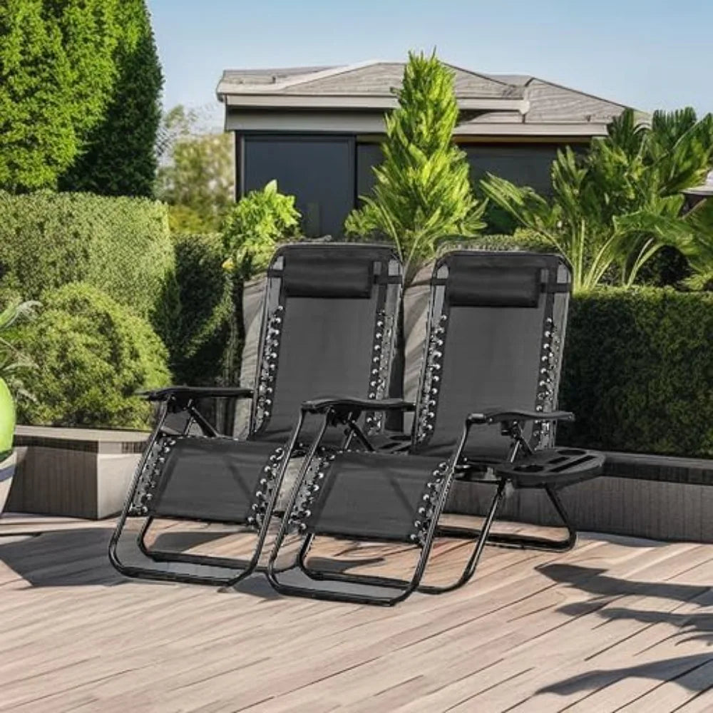 Set of 2 Adjustable Zero Gravity Lounge Chairs with Cup Holder and Pillow