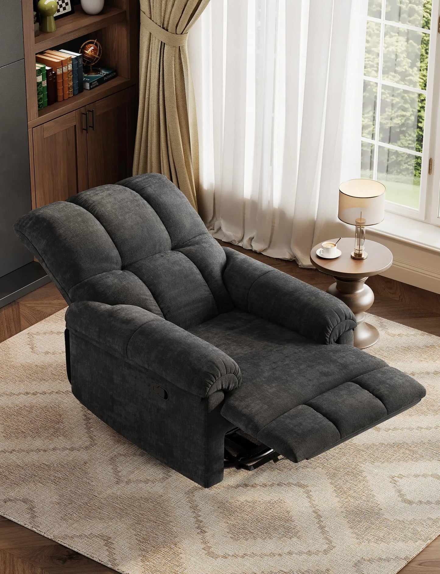 Oversized Overstuffed Chenille Recliner With Swivel Rocker And Padded Armrests