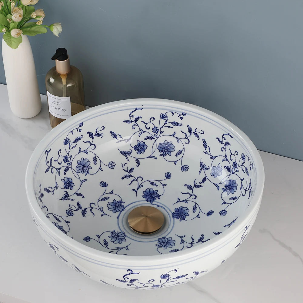 Hand Painted Ceramic Round Bathroom Basin Sink With Faucet
