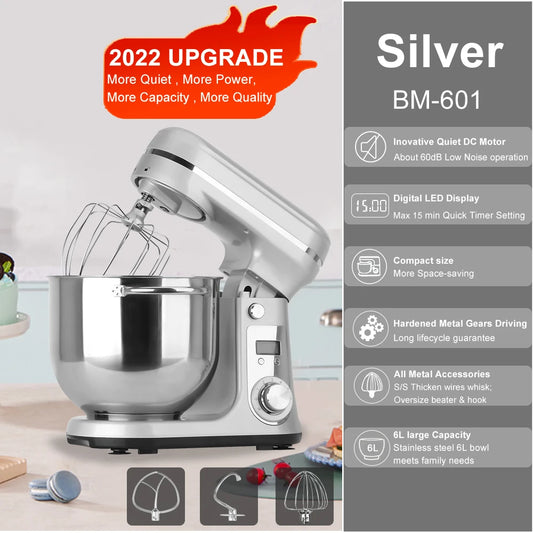 BioloMix Kitchen Food Stand Mixer Blender Quiet Motor 6 Speed 1200 Watt 6 Liter DC Mixing Bowl