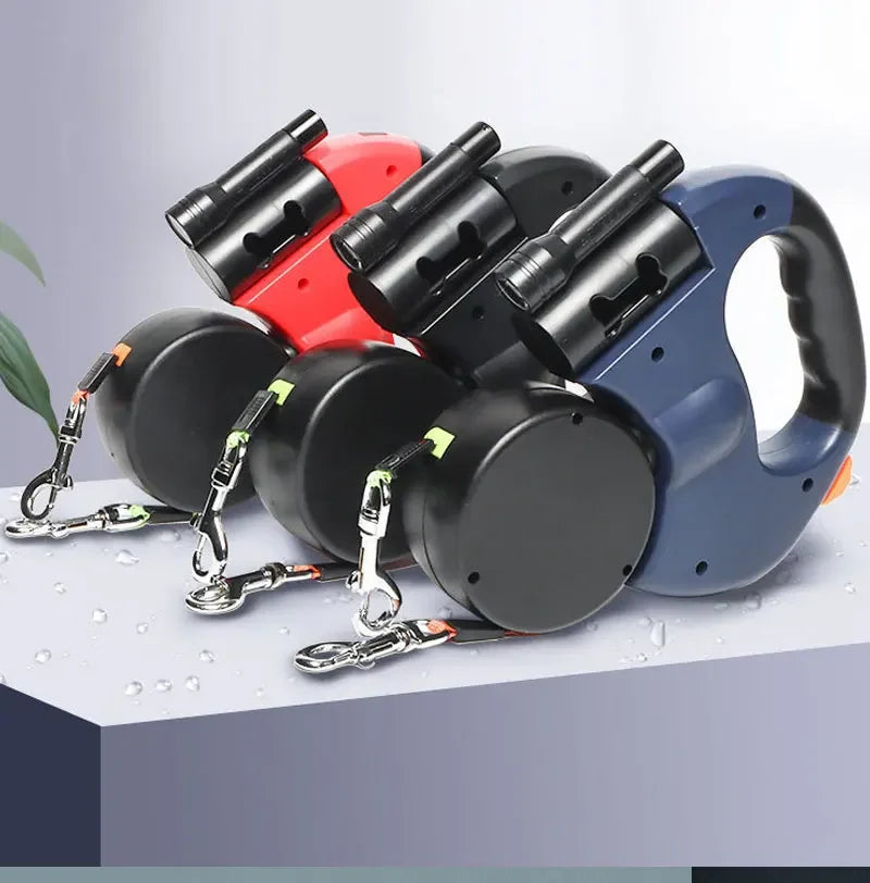 3In1 Double Head Retractable Dog Leash With Flashlight Poop Bag Dispenser